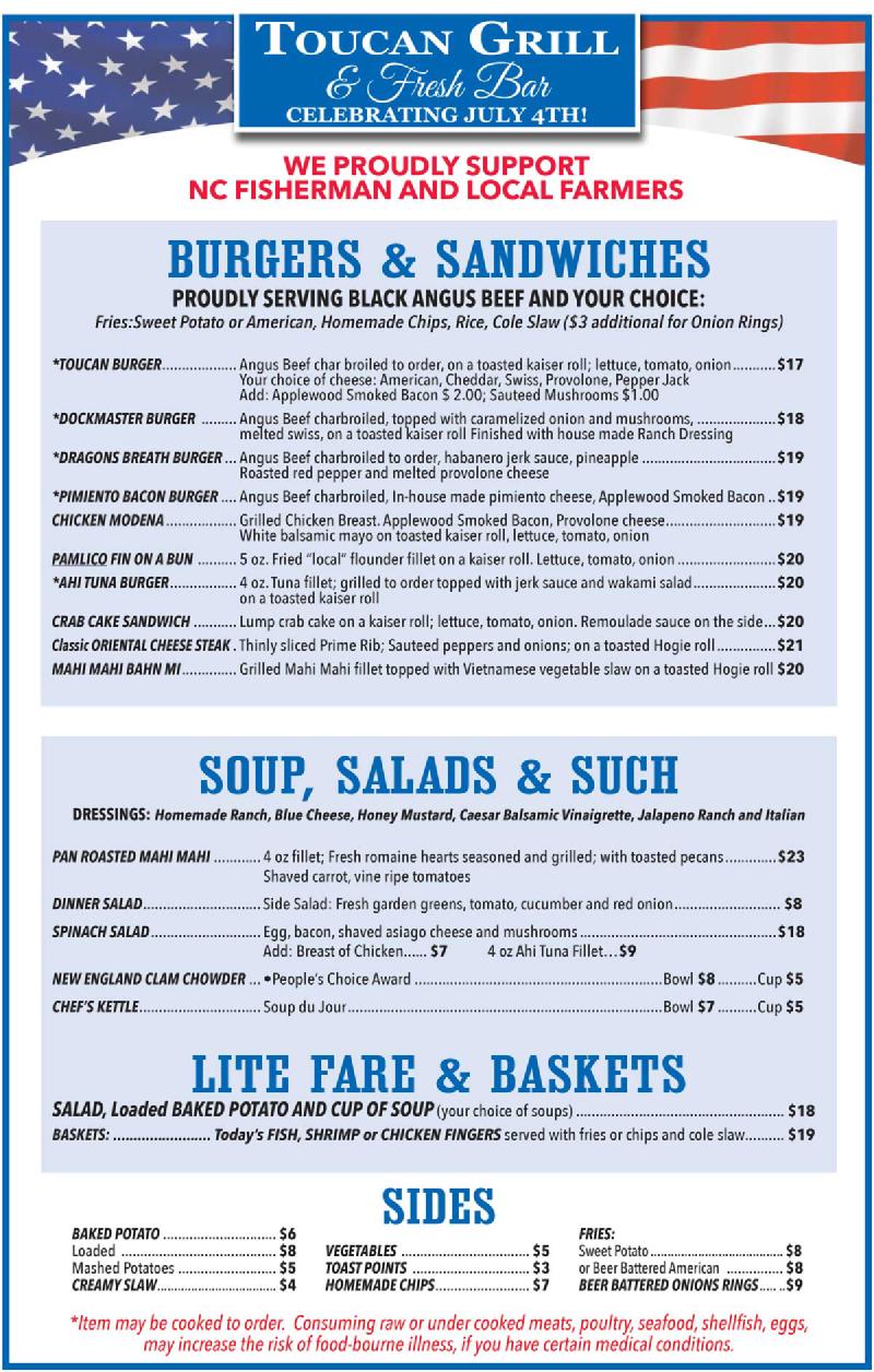 Toucan Grill Pub Menu, this is an image file. A paper copy or reading available on request